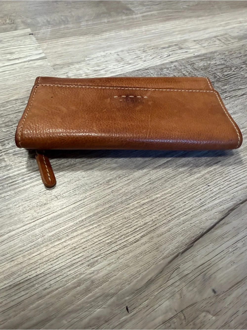 Fossil Brown Leather Trifold Pop Stitch Logo Checkbook Style Wallet